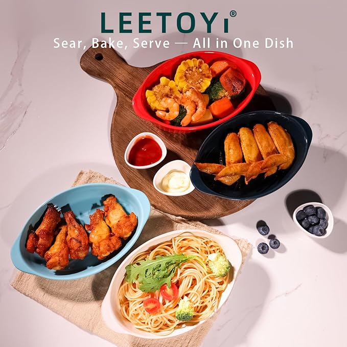 LEETOYI Porcelain Small Oval Au Gratin Pans, Baking Dish Set for 1 or 2 person servings, Bakeware with Double Handle for Kitchen and Home, Set of 2 (Red)
