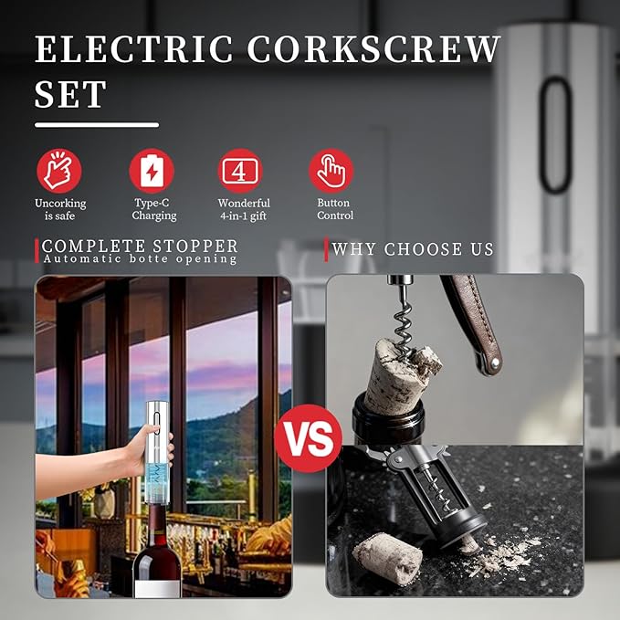 5 IN 1 Rechargeable Electric Wine Opener, Stainless Steel Automatic Bottle Corkscrew with Foil Cutter, Vacuum Stopper, Wine Pourer, One Touch Bottle Winer Gift Set for Christmas, Party