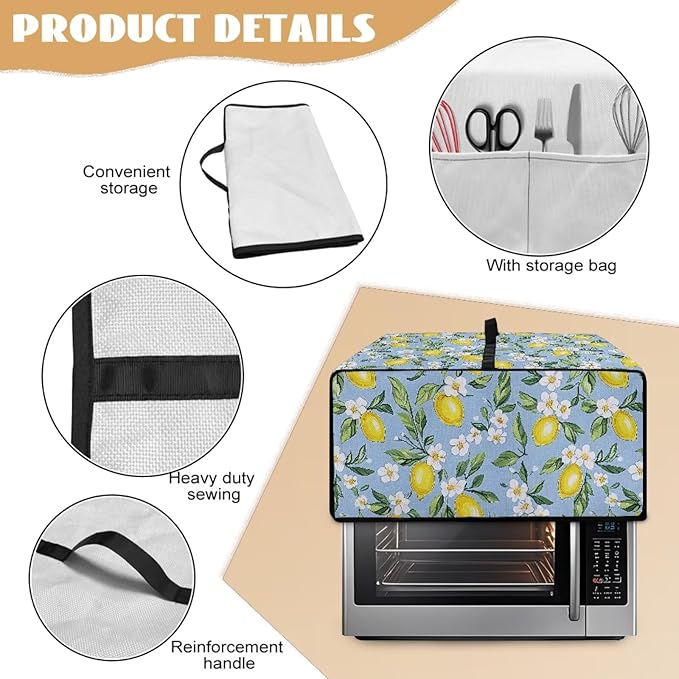 Lemon Daisy Print Toaster Oven Heavy Duty Cover with Pockets, Dust-proof Anti Fingerprint Microwave Oven Cover, Air Fryer Covers for Kitchen Counter (Large-18.5*22.5*12.99 inches)