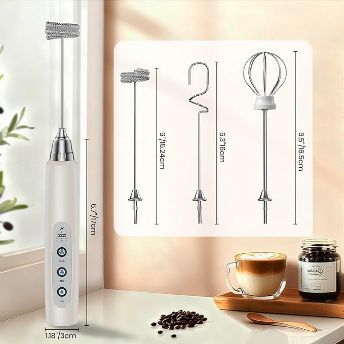 Colarlemo Milk Frother Handheld Rechargeable, Frother Wand Drink Mixer Electric Whisk for Coffee, Detachable With 3 Stainless Whisks, Hand Mixer for Lattes, Cappuccino, Matcha, Egg, No Stand, Beige