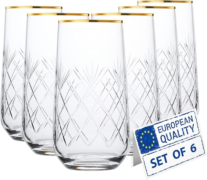 Gold Rimmed Glasses Drinking Set of 6 | 16 oz Handmade Crystal Cut Gold Rim Glass Cups Drinkware for Cocktails, Mojitos, Juice, Water & Ice Tea | Luxury Glassware for Parties & Everyday Use