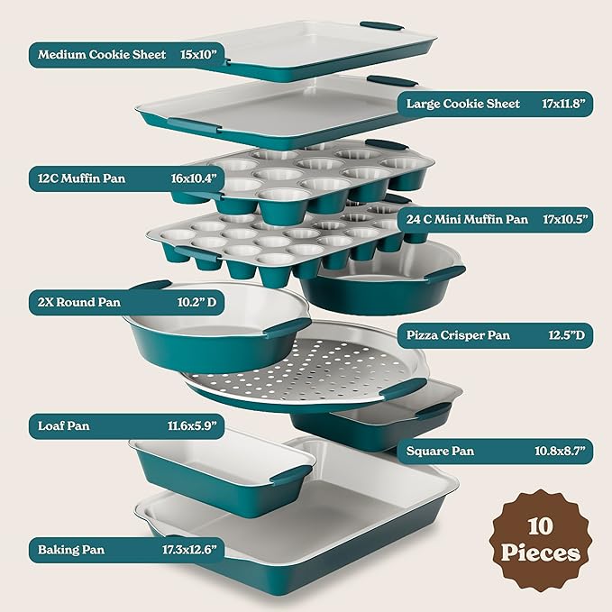 Country Kitchen Nonstick Stackable Bakeware Set - Heavy Duty, Durable, Easy Release Baking Set, Sage, 10 Pcs