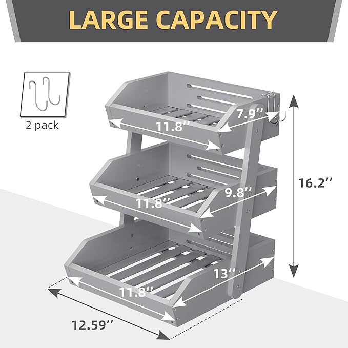 Bamboo 3 Tier Fruit Basket For Counter, Large Capacity Fruit Storage Countertop, Fruit Holder, Wooden Pantry Organizers and Storage, Kitchen Countertop Organizer With Two Banana Hangers (Grey)