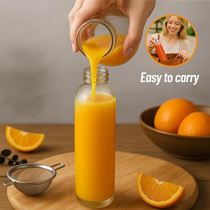 Clear Glass Bottles with Lids 18 oz, Reusable Glass Water Bottles with Stainless Steel Cap for Juicing,Refrigerator,100% Leak Proof, BPA Free, Juice Water Bottle Set of 12