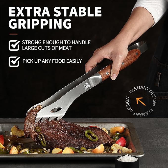 GRILLGEN Heavy Duty Rosewood Handle BBQ Grill Tongs, 16.73" Long Premium BBQ Grill Tongs for Outdoor Grilling, Essential Accessory for Barbecue & Grill, Best Grilling Gift