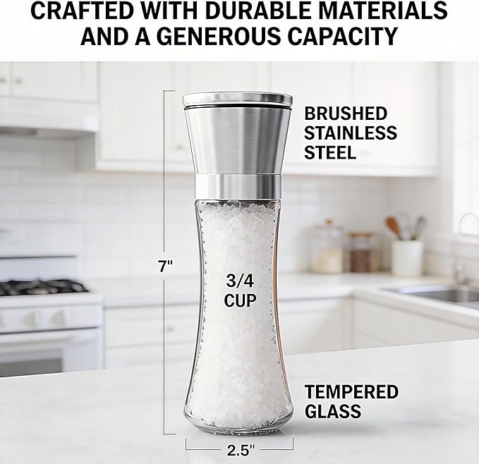 Gorgeous Salt & Pepper Grinder Set — Refillable Stainless Steel & Glass Spice Mill with Adjustable Coarseness - Perfect For Himalayan Or Sea Salts, Fresh Ground Pepper, Or Fresh Spices (2 Pack)