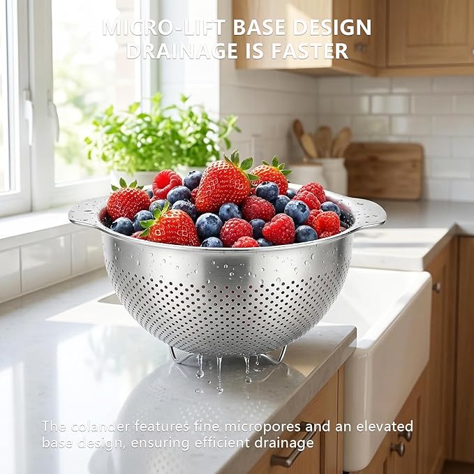 18/8 Stainless Steel Strainer and Colander for Kitchen, Fine Mesh Strainer with Handle, Food Strainers and Colanders for Spaghetti, Vegetables, Fruits, Eggs, Rice, Noodles and Pasta (4QT)