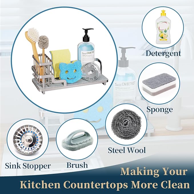 Consumest Sponge Holder for Kitchen Sink - Sink Caddy Organizer with Water Absorbing Stone Tray, Detachable Brush Holder, Stainless Steel Kitchen Counter Organizer Rack, Sand Nickel