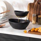 MALACASA 2 Tier Chip and Dip Serving Set with Metal Stand,Ceramic Appetizer Bowls for Party, Multi-Use Food Display for Fruits, Snacks,Black Elegant Tiered Serving Dishes for Party