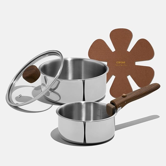 CAROTE Tri-Ply Stainless Steel Sauce Pan with Detachable Handle,1.5QT Sauce Pan & 3QT Saucepan with Lid, 5PCS Non-Toxic Induction Kitchen Stainless Steel Pot,Removable Handle,Oven Safe,Woodgrain
