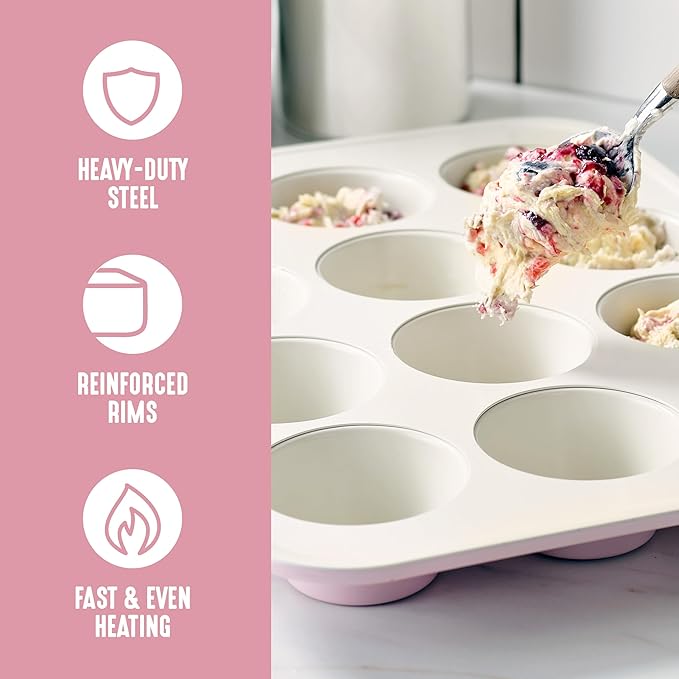 GreenLife 12-Cup Muffin Pan, PFAS-Free Healthy Nonstick Baking Tray, 11.4" x 1.9" x 15.9", Durable Ceramic Bakeware, Cupcakes, Egg Bites, Tarts, Brownies, Pink