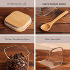 CZZGSM Set of 4 Square Glass Jar with Bamboo Lids and Spoons – Airtight 27 oz Borosilicate Glass Food Storage Contaienrs with 132 Kitchen Pantry Labels for Coffee, Tea, Sugar