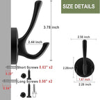 Black Wall Hooks Towel Hooks, 3 Pack Coat Hooks Robe Hook Heavy Duty Metal Double Bath Hook Wall Mounted, Hand Towel Hooks for Entryway Bathroom Kitchen Closet Garage