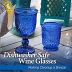 Yungala Cobalt Wine Glasses Set of 6 Goblets - Handcrafted Vintage Glassware with Sunflower Motif, Dishwasher Safe Cobalt Blue Glassware