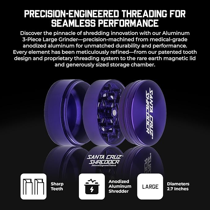Santa Cruz Shredder Metal Herb Grinder Knurled Top for Stronger Grip 3-Piece Large 2.7" (Purple)