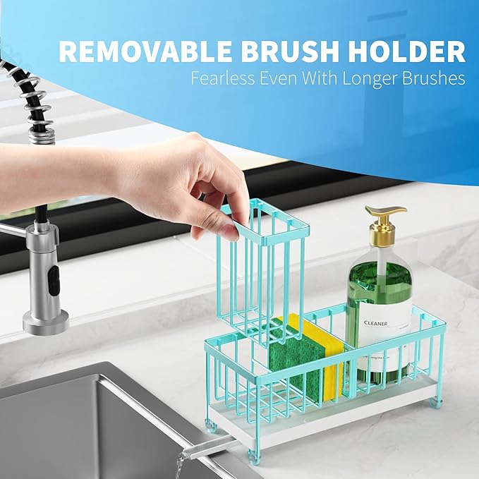 Cisily Sponge Holder for Kitchen Sink, Sink Caddy Organizer with High Brush Holder, Kitchen Countertop Organizers and Storage Essentials, 304 Stainless Steel, Teal Kitchen Decor (Turquoise, 9.25″)