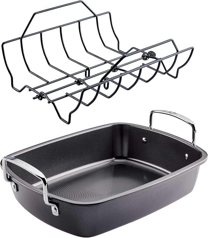 Circulon Ultra-Lasting Nonstick Roasting Pan with Rack, Roaster Pan with Easy Serve Rack, 17-Inch x 13-Inch, Black
