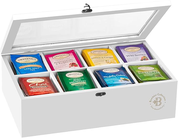 Tea Bag Organizer - White Bamboo Tea Box Organizer Storage Box, Tea Bag Holder with Acrylic Window, Magnetic Lid Keeps Tea Bags Fresh - Tea Organizer Caddy (Tea Not Included) Christmas Gift