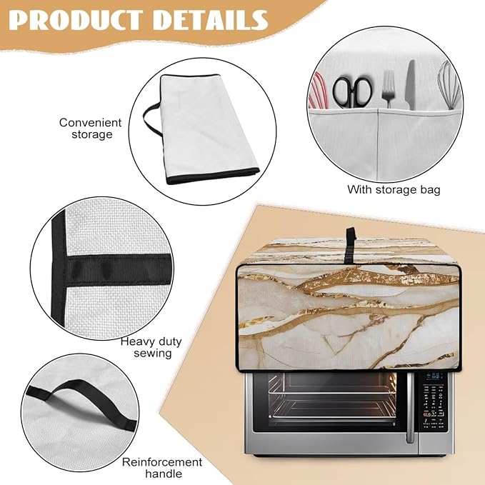 Marble Print Toaster Oven Cover, Heavy-Duty Dust Shield Kitchen Decorative Countertop Oven Protector, Microwave Air Fryer Cover, Light Gold White, (Small-14.5*18.46*9 inches)