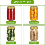 Glass Mason Jars with Gold Lids and Bands 16 oz - 15 Pack Regular Mouth Canning Jars for Food Storage, Pickling, Meal Prep, Overnight Oats, Dry Food & DIY Crafts - Includes 24 Stickers & Brush