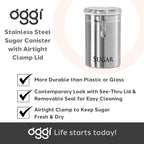 Oggi Stainless Steel Sugar Canister 62 fl oz - Airtight Clamp Lid, Clear See-Thru Top - Ideal Sugar Container for Countertop, Sugar Jar, Bulk Sugar Storage. Large Size 5" x 7.5".