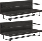 HOOBRO Wall Mounted Wine Rack 2 Pack, Wine Shelf Hanging Floating Wall Shelves, Wine Glass Bottle Rack Stemware Holder, for Living Room, Dining Room, Kitchen, Black BK28BJ01