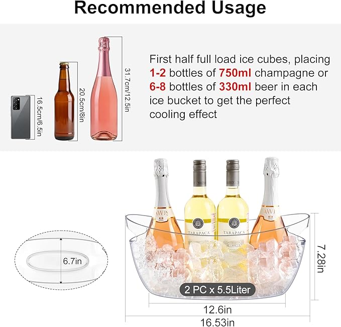 Ice Buckets for Parties 2 Packs,Ice Bucket with Scoops&Metal Wine Bottle Opener,Clear Acrylic Ice Champagne Buckets Tub for Parties,Mimosa Bar Supplies,Beer,Beverage&Drinks 5.5L (16.53 x 7.3 x 6.8in)