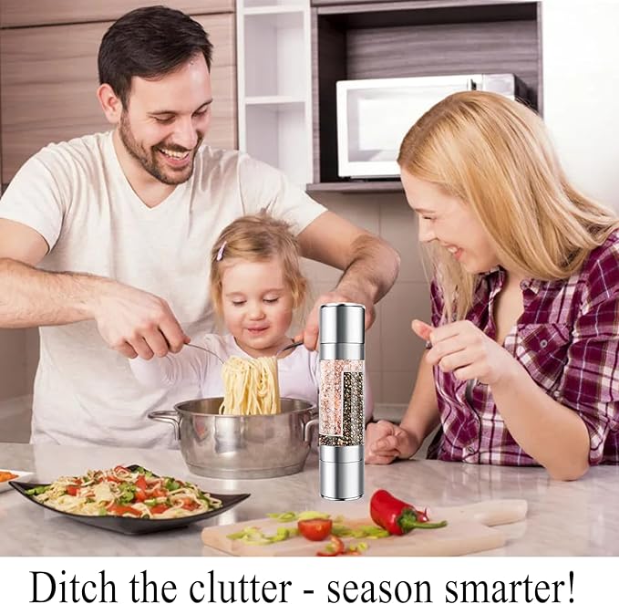 Salt and Pepper Shakers Grinder Set,2 in 1 Salt Grinder Refillable,Salt Shaker,Pepper Grinder（Stainless Steel - 8.7 Inch)