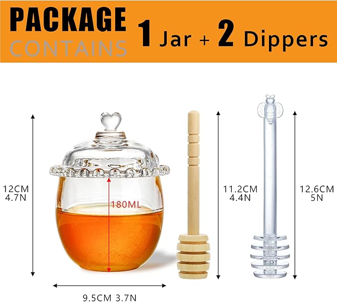 kanpura Honey Pot with Dipper and Lid, 6oz Mini Glass Honey Jar, Crystal Syrup Dispenser for Christmas Home Kitchen Decor