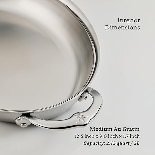 Hestan Provisions Oval Au Gratin Baking Dish, 2 Quart Clad Stainless Steel, 12.5 x 9 Inch - Oven Safe 600F, Kitchen to Table Serving, Designed with Thomas Keller