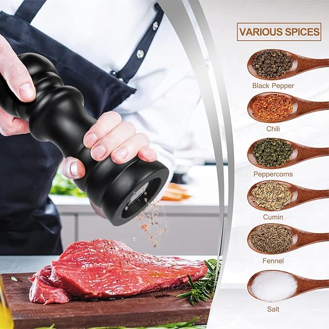 Salt and Pepper Grinders Set of 2, Manual Pepper Mill & Salt Grinder with Adjustable Ceramic Rotor & Stainless Steel Gasket, Refillable Black Salt & Pepper Shakers for BBQ Restaurant Kitchen