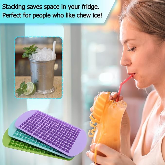 LeeYean Silicone Mini Ice Cube Trays 3 Pack, 160 Crushed Ice Cube Molds Easy Release Small Ice Cube for Chilling Whiskey Cocktail, Flexible Stackable and Durable Soft Mold Storage Containers, BPA Free