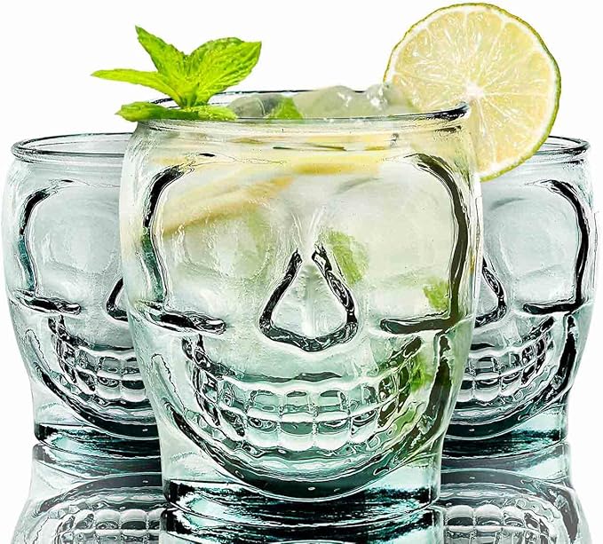 COURONNE CO. Clear Recycled Drinking Glass Tumbler, Perfect for Cocktails, Refreshments & Everyday Use, Restaurant Grade, Crafted without lead-based materials (15.2 Oz, Sugar Skull)