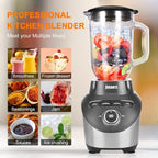 JUSANTE Blender with 64 oz Glass Jar - 1200W High Speed Juicer Blender for Smoothies, Shakes & Frozen Drinks (Black)