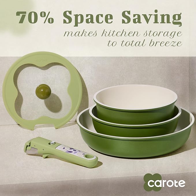 CAROTE 11pcs Ceramic Cookware Set, Pots and Pans Set Non stick, Induction Kitchen Cookware with Removable Handle, RV Dishwasher ＆ Oven Safe, RV/Camping Cookware, PFOA Free, Green
