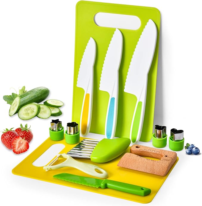 Montessori Kids Knives for Real Cooking, 13 Pieces Wooden Kids Kitchen Knife Set Include 4 Serrated Edges Plastic Toddler Knife,Crinkle Cutter Y Peeler Cutting Boards and Wood Toddler Safe Knife