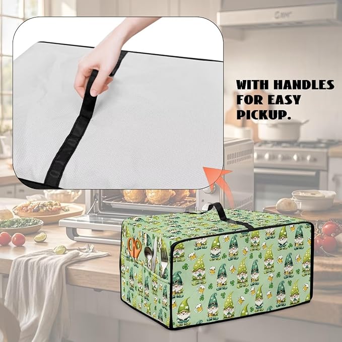 St. Patrick's Day Gnome Print Toaster Oven Cover, Clover Beer Pattern Anti Scratch Microwave Cover for Kitchen Countertop Appliance Dust Protector Decorative Oven Accessories, Green, L