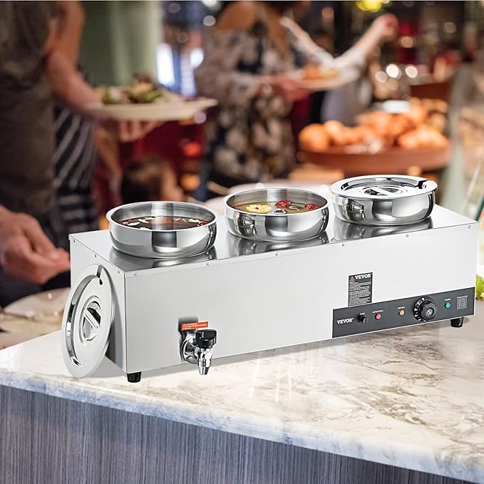 VEVOR Electric Soup Warmer, Three 7.4QT Stainless Steel Round Pot 86~185°F Adjustable Temp, 1200W Commercial Bain Marie with Anti-dry Burn and Reset Button, Soup Station for Restaurant, Buffet, Silver