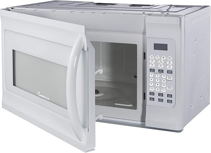Impecca 1.6 cu. ft. Over-the-Range 30” Microwave Oven 1000 Watts, with Surface Light, 2 Speed Vent System, Touchpad Controls, Digital Clock, Timer, LED Display and Child Lock, White