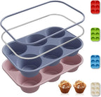 Socisen 2 Pack 6 Cups Jumbo Muffin Pan with Metal Reinforced Frame Silicone Molds Egg Bites Silicone Circle Cookie Molds Extra Large Muffin Tin Jumbo Tart Pans Baking Sheet Set for Sandwiches