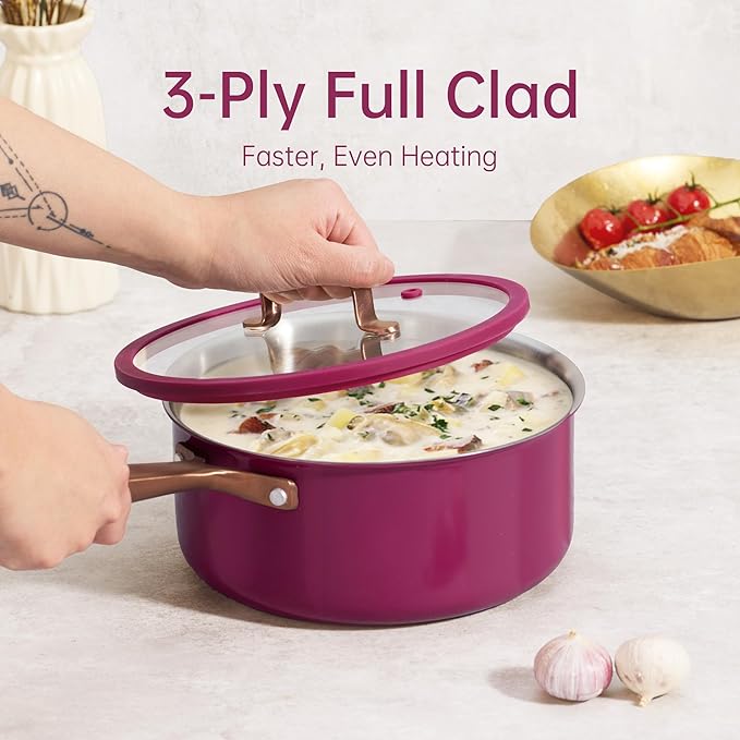 CAROTE 1.5Qt & 3.0Qt Stainless Steel Saucepan Set with Steamer & Ladle, Non-Toxic 3-Ply Stainless Steel Pot with Lids, Small Pots for Cooking, Oven Safe, Induction Compatible Cookware, Purple