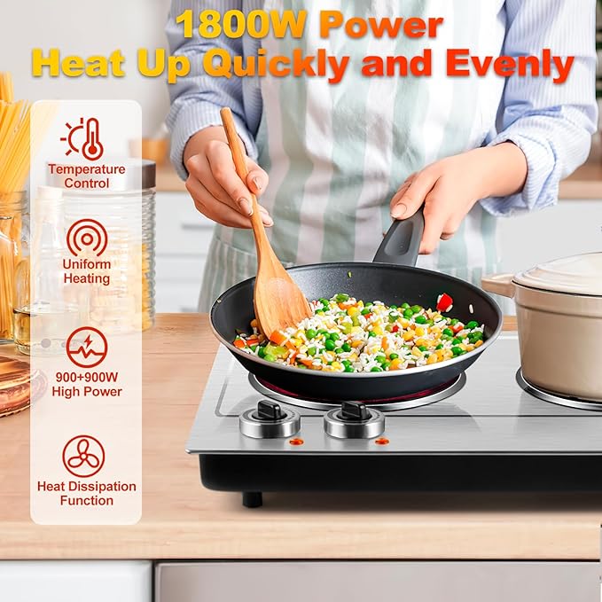 Hot Plate,CUSIMAX Portable Electric Hot Plates for Cooking,1800W Dual Infrared Burner with Adjustable Temperature Control,Electric Ceramic Glass Stove for Stainless Steel,Easy Clean for Home, Dorm, RV