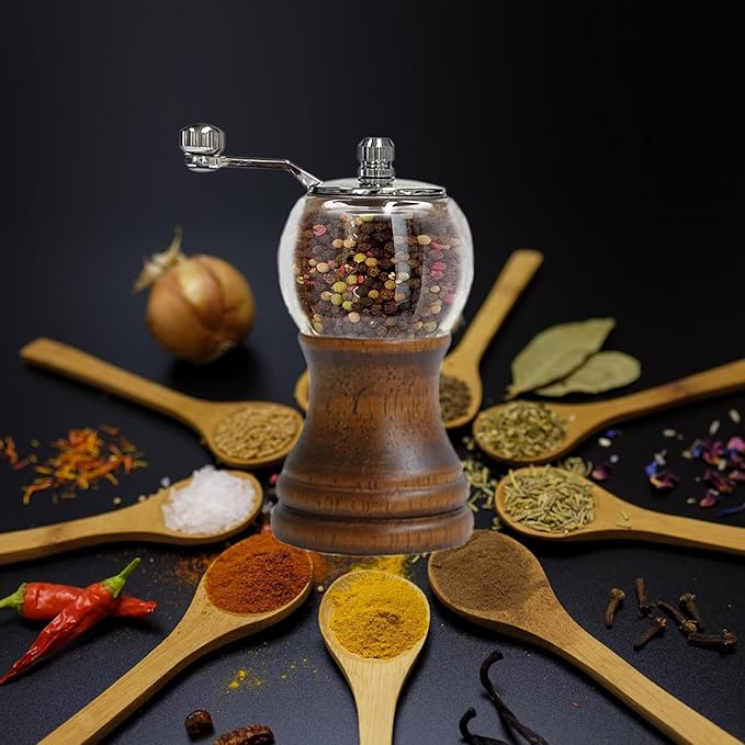 Salt and Pepper Grinder Set with Handle Crank Acrylic Manual Salt and Pepper Mills Black Pepper Spice Grinders Ceramic Core, Stainless Steel Handle, Adjustable Coarseness (Walnut 2pcs-5in)