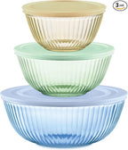 Pyrex Colors Tinted (3-Pack, Full Set) Sculpted Tinted Glass Mixing Bowls With Plastic Lids, Nesting Space Saving Set of Bowls For Prepping and Baking, 1.3QT, 2.3QT & 4.5QT