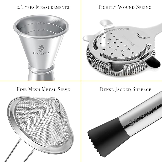 Homestia Boston Shaker Set Mixology Bartender Kits Bar Tool Set, Stainless Steel Martini Shaker Set, 12 Pcs Cocktail Bartending Kits Barware Bartender Sets for Home Bar Party, (Silver)