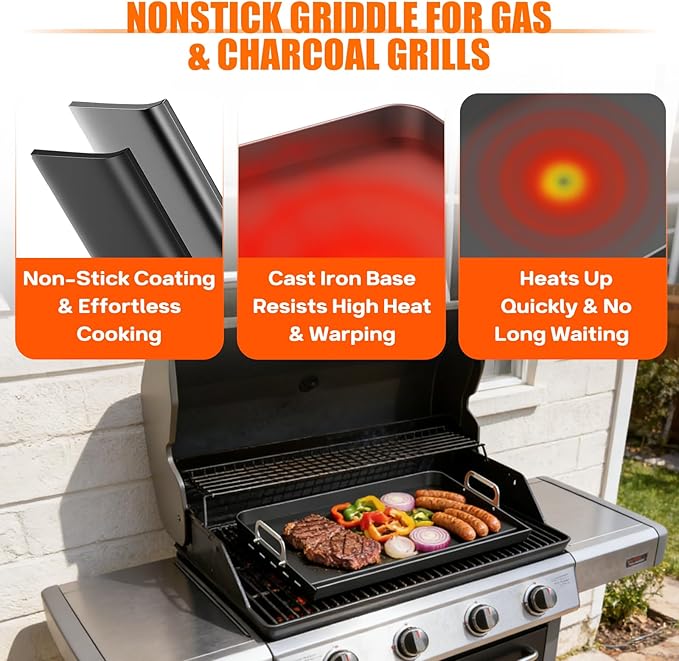 16" x 13" Cast Iron Nonstick Grill Griddle for Gas & Charcoal Grills, Flat Top BBQ Griddle Plate with Grease Groove & Removable Handle, Universal Fit for Outdoor & Home Cooking, Tailgating