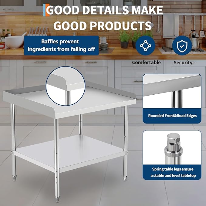 36x28x30 in Stainless Steel Equipment Grill Stand Table 400 LBS Capacity NSF Certified with Adjustable Legs, 2 in Edge Baffle, for Hotel, Home, Commercial Restaurant Kitchen