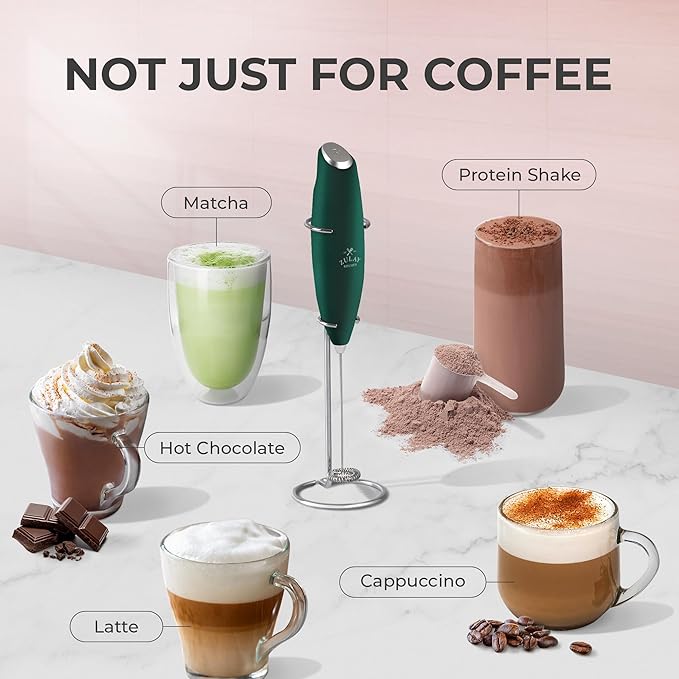 Zulay Kitchen Powerful Milk Frother Wand With 4 AA Duracell Batteries - Ultra Fast Handheld Drink Mixer - Electric Whisk Foam Maker for Coffee, Lattes, Cappuccino, Matcha & Creamer - Dark Green
