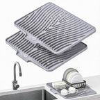 TIKNIK Silicone Dish Drying Mat, Stone Drying Mat for Kitchen Counter with Built-In Drain, Non-Slip Drain Pad with Built-in Drain, Heat Resistant Stone Drying Mat, Hangable, Grey-2pcs, 20" x 15"
