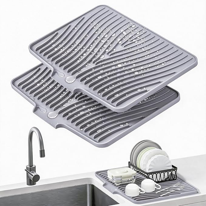 TIKNIK Silicone Dish Drying Mat, Stone Drying Mat for Kitchen Counter with Built-In Drain, Non-Slip Drain Pad with Built-in Drain, Heat Resistant Stone Drying Mat, Hangable, Grey-2pcs, 16" x 12"